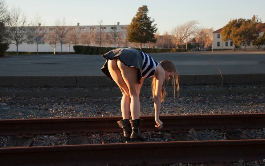         , ,    , erogirls (9249), Depraved rural girl on the railway in mini skirt, bent, juicy ass in a thong
